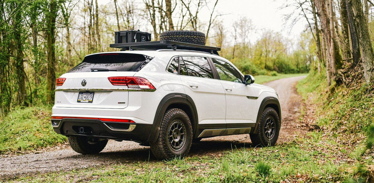 White Volkswagen Atlas Cross Sport overland build fitted with fifteen52 Traverse MX wheels
